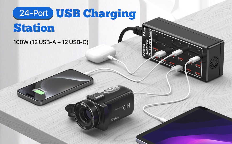 Зарядний пристрій USB-C на 24 порти 100W/20A, настільна USB-станція для iPhone, Samsung, Google, планшетів та ін.