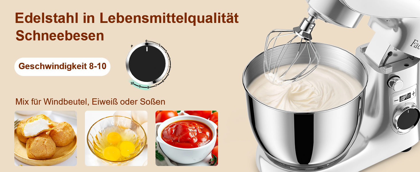 Кухонна машина-міксер Facelle 1500W з 5.5/4.5л чашею, 10+ програм, тиха робота, набір насадок (крюк, вінчик, віночок, захист від бризок)