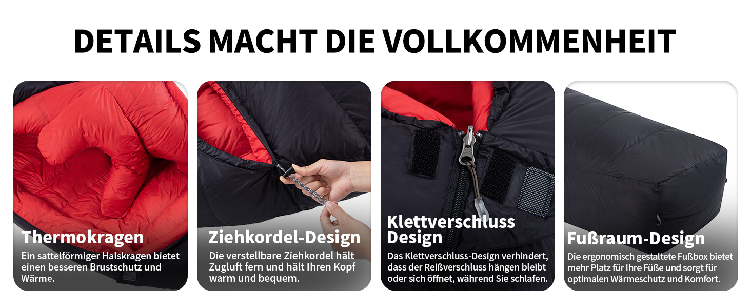 Сплячий мішок для дорослих та дітей, зимовий легкий, 8°C ~ -30°C для кемпінгу та альпінізму, 650 FP гусячий пух (Чорний, 700g пуху)