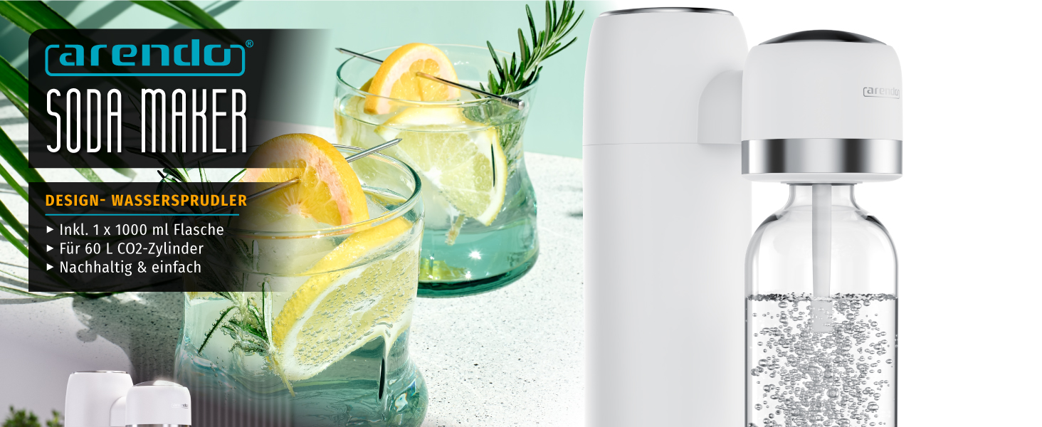 Arendo Soda Maker - Газова вода вдома: приготуйте газовану воду без цукру та барвників! Сумісний з CO2 балонами 60 л, пляшка 1000 мл, BPA free