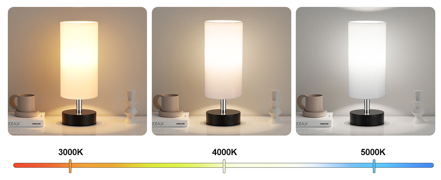 Нічна лампа Kakanuo з 3 колірними температурами, біла, з вимикачем, абажур з льону, для вітальні, спальні, офісу, дитячої кімнати (LED лампа в комплекті), колір A-білий+чорний