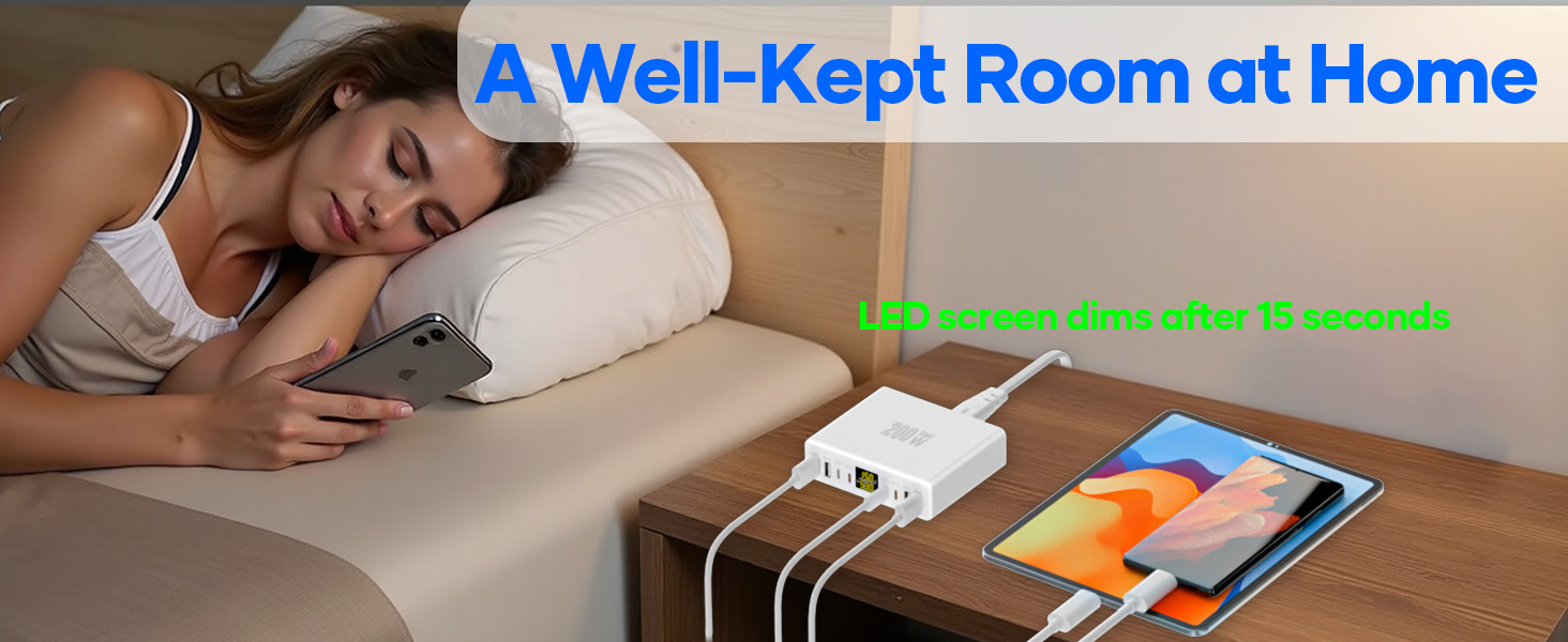 Зарядний пристрій USB-C багатопортовий 8 портів 200W GAN YSYFAD з LED індикатором, PD PPS Type-C, QC3.0, швидка зарядка для iPhone, iPad, MacBook, ноутбуків, білий