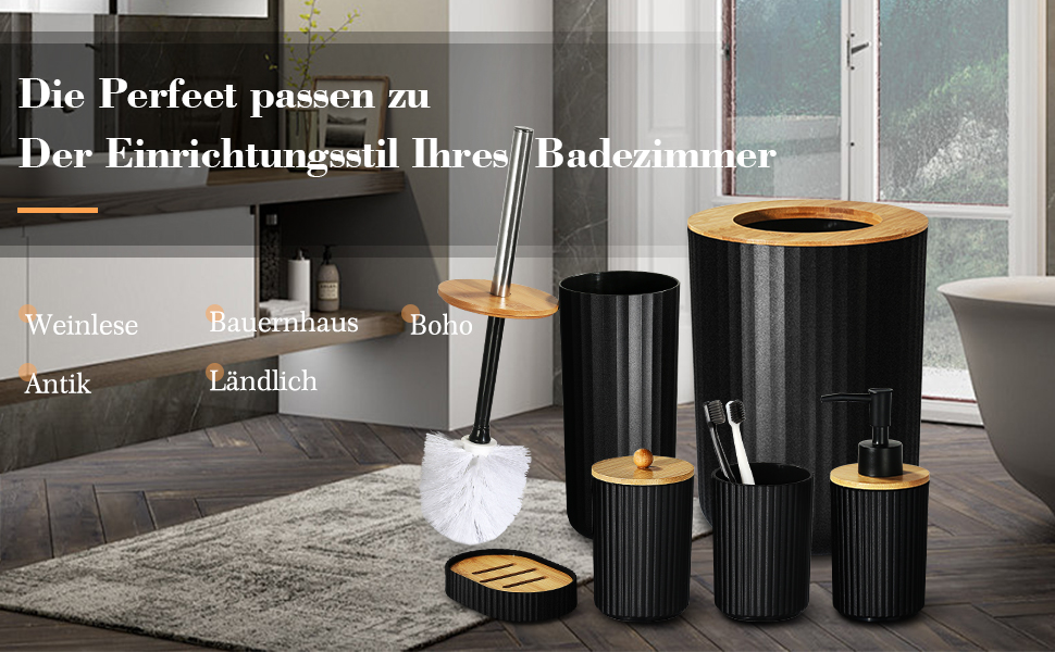 Набір аксесуарів для ванної кімнати GMISUN 6 предметів, чорний: мильниця, дозатор мила, стакан для зубної пасти, відро для сміття, тримач для туалетного йоржика, у стилі Farmhouse Boho