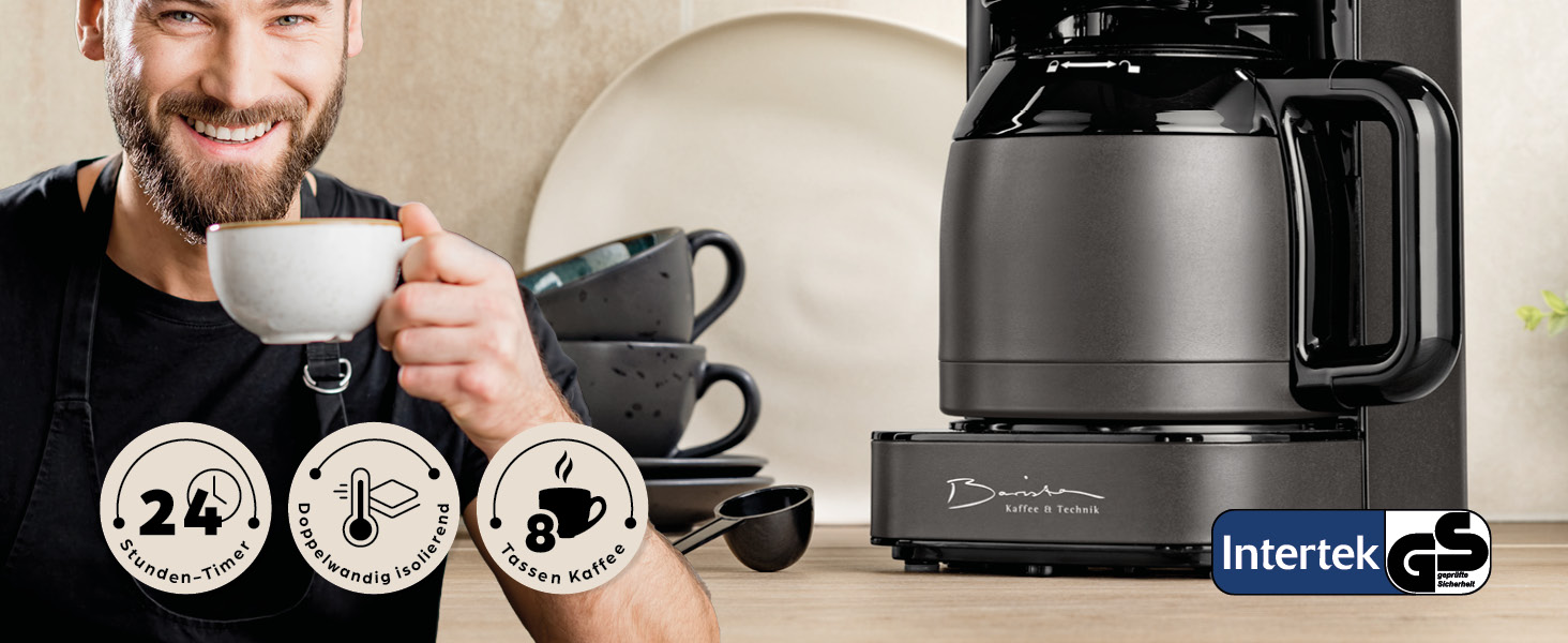 Кавомашина Barista Filterkaffeemaschine з регульованим млинком та термосклом | Функція підігріву, таймер 24г та постійний фільтр | На 10 чашок кави | Кавоварка для зерен та меленої кави [Нержавіюча сталь] (11) Сіра