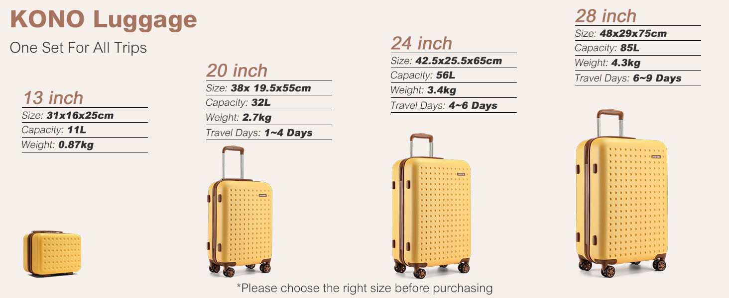 Чохол-валіза KONO з ABS-пластику, 65 x 42.5 x 25.5 см, з TSA-замком, білий, 24'M (жовтий, косметичка+20')