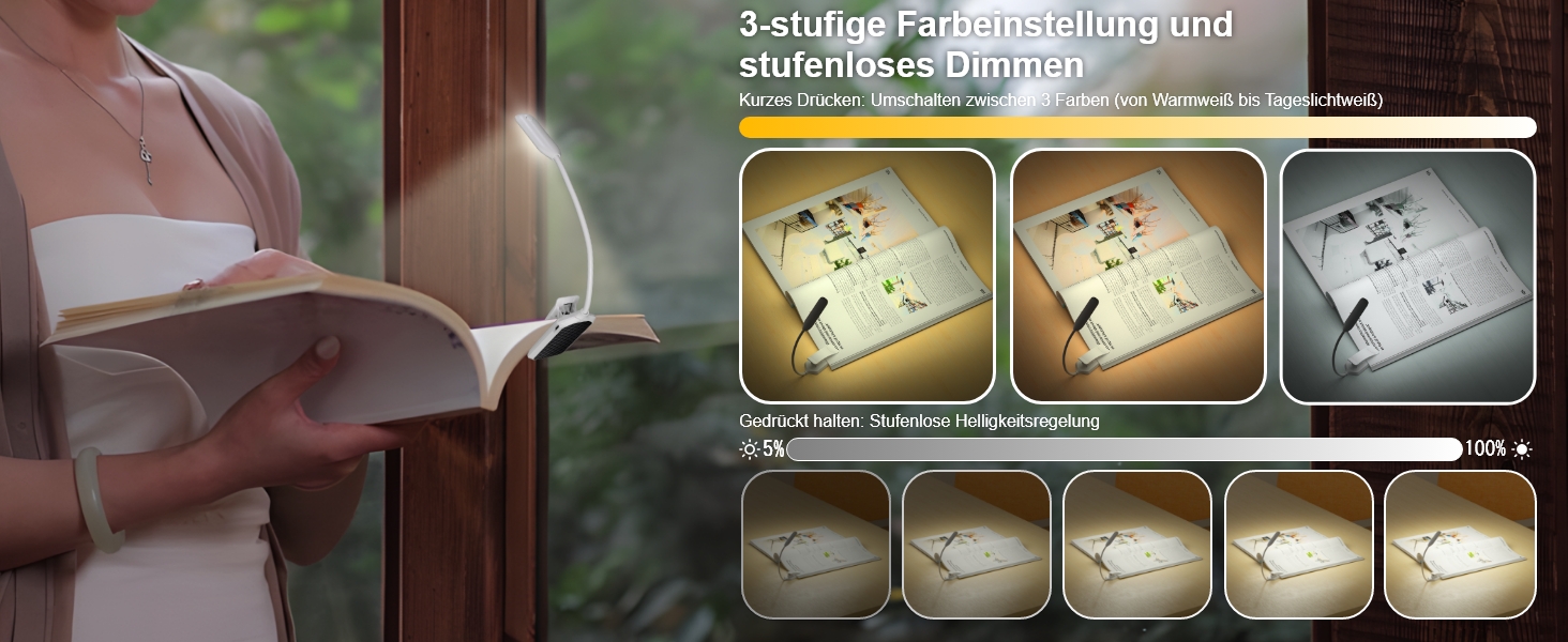 USB LED лампа для читання з кліпсою, 3 режими температури кольору, регульована яскравість, гнучка на 360°, для ліжка, столу та подорожей, біла