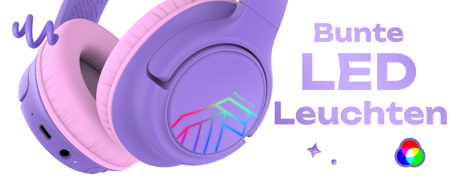 Дитячі навушники PowerLocus Bobo Bluetooth з обмеженням гучності, LED-підсвічуванням, складні, з мікрофоном (фіолетовий)