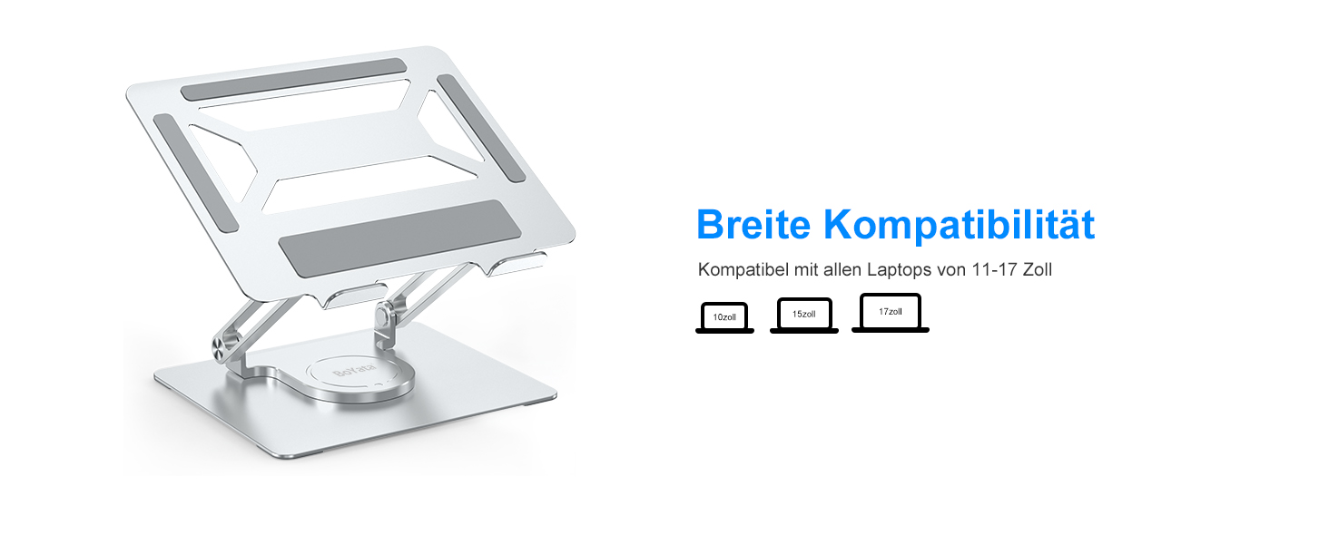 Adjustable Laptop Stand for Desk - 360° Rotating Base, Ergonomic Foldable Riser - Compatible with MacBook Pro/Air & Laptops up to 17 inch - Silver