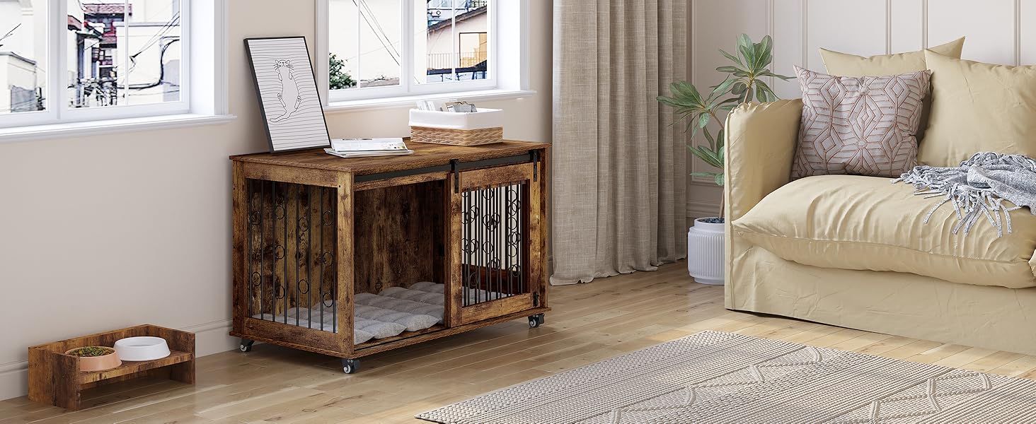 Клітка для собак EUGAD, 100 см, з 2 дверцятами та 5 колесами, для великих, середніх та маленьких собак, декоративна переноска для дому, вінтажний коричневий колір