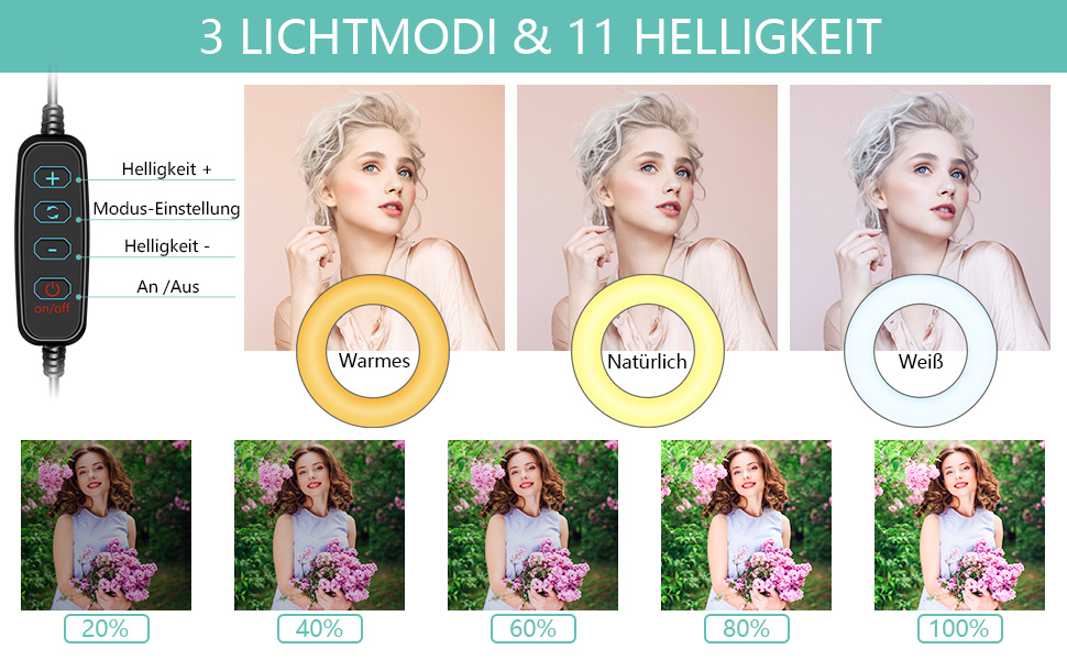 LED кільцева лампа з штативом для телефону 26 см (10 дюймів) - 3 режими світла, 11 рівнів яскравості, регульована, для селфі, макіяжу, стрімінгу