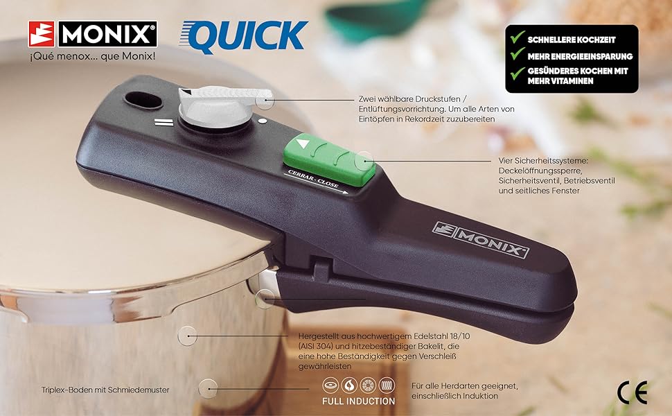 Швидкоскороварка Monix Quick 6 л, 22 см, нерж. сталь, 2 режими тиску, трирівнева безпека, для всіх плит