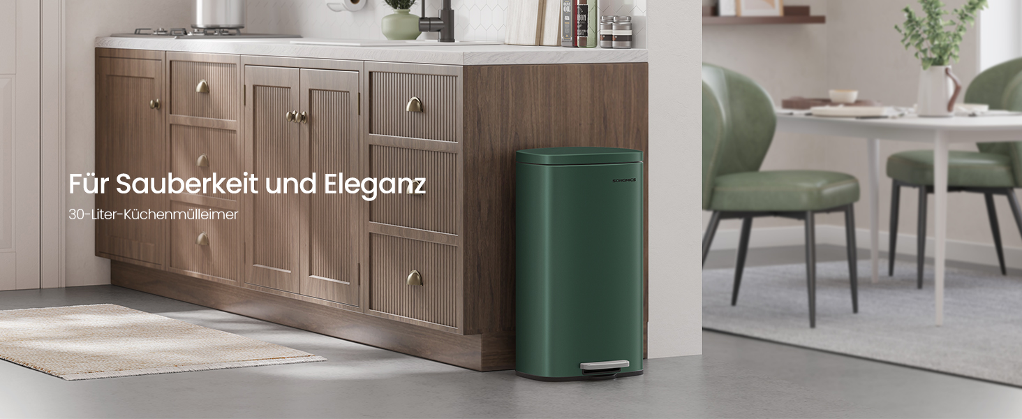 Відро для сміття SONGMICS 30 л, стале, з м'яким закриттям, з внутрішнім відром, для кухні, Vintage Green