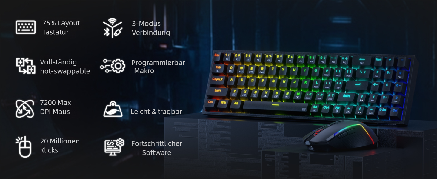 Redragon BS136 Комплект ігрової клавіатури та миші, 75% K628 Трирежимна бездротова механічна RGB-клавіатура та миша з DPI 8000