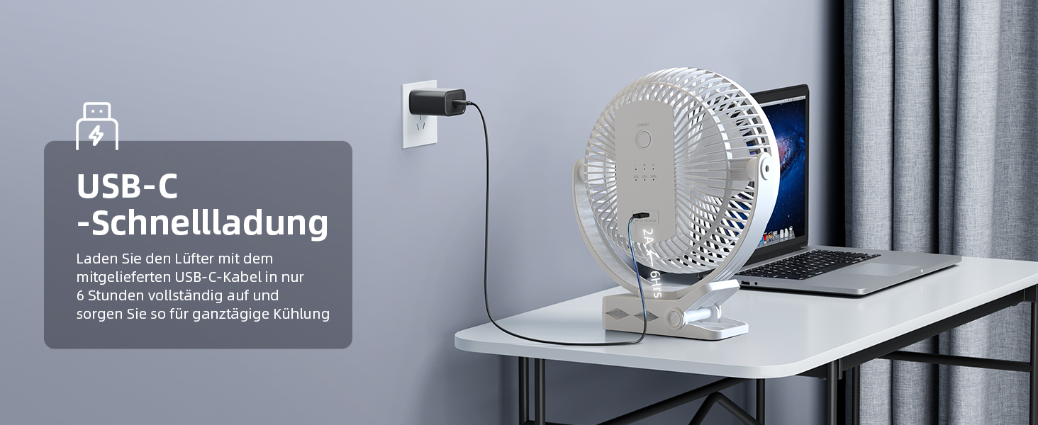 Вентилятор Koonie 10000 mAh з кліпсою, 20 см, портативний USB, акумуляторний, 4 швидкості, 360° оберт, тихий, для дому, офісу, дитячої коляски, кемпінгу, гроубокса (білий)