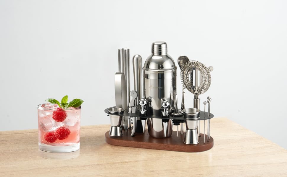 Набір бармена на 23 деталі з підставкою | Набір шейкерів для коктейлів з інструментами: шейкер Мартіні, сито, ложка, мадлер, для дому, бару, вечірки (колір коричневий)