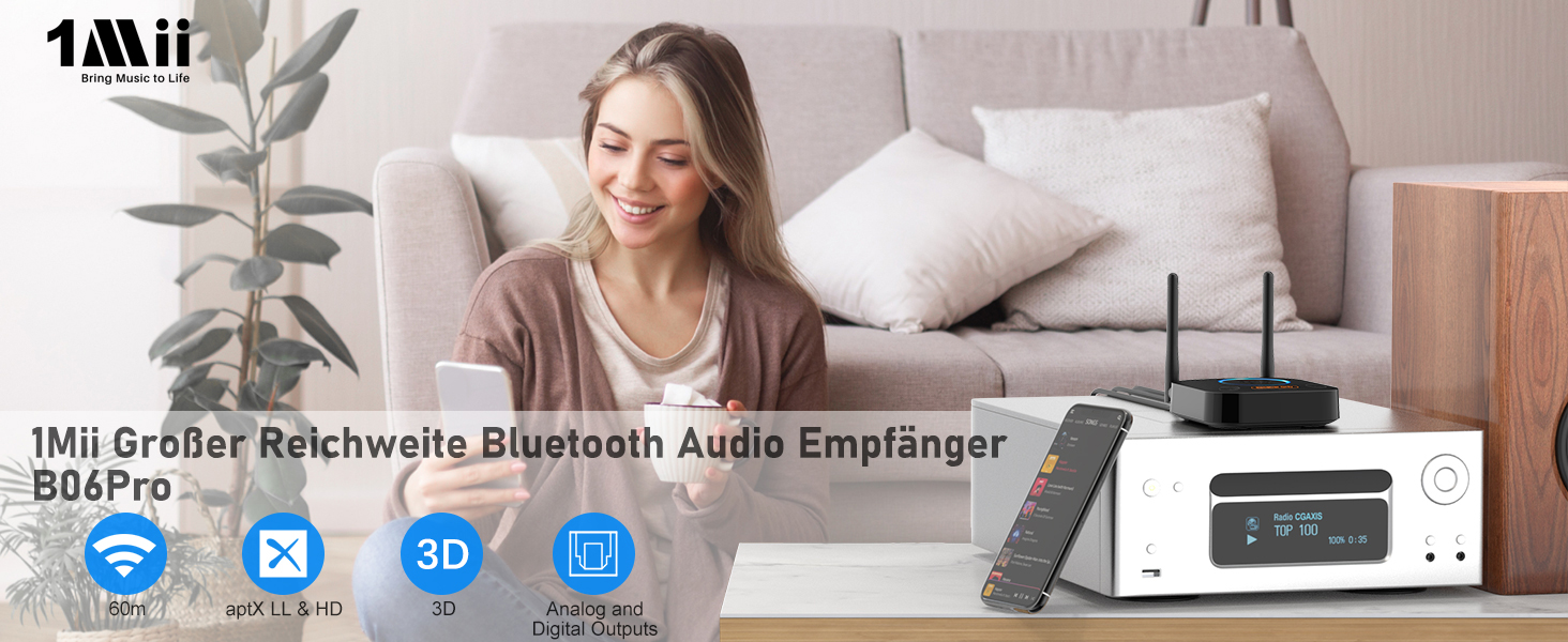 1Mii Bluetooth 5.1 Аудіо Адаптер з Низькою Затримкою aptX, 3D Surround, Підтримка RCA/3.5mm/Coaxial для Підсилювачів та Колонок