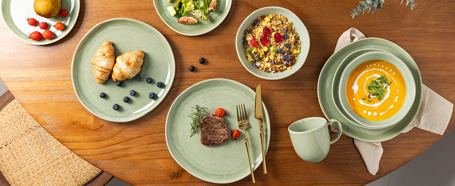 Набір глибоких тарілок GBhome з каменю 22см (24 шт.) - для супу, пасти, 6 персон, стійкі до подряпин, сумісні з мийкою та мікрохвильовкою, колір: спокійний зелений