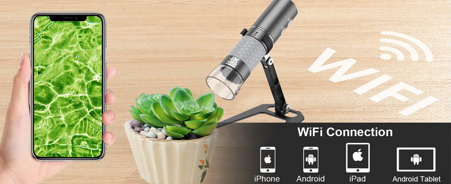 Цифровий мікроскоп Jiusion WiFi USB з підключенням до iPhone, iPad, Android, Mac, Windows, Linux, Chrome, 50-1000x збільшення, 4K камера, 8 LED, металевий штатив