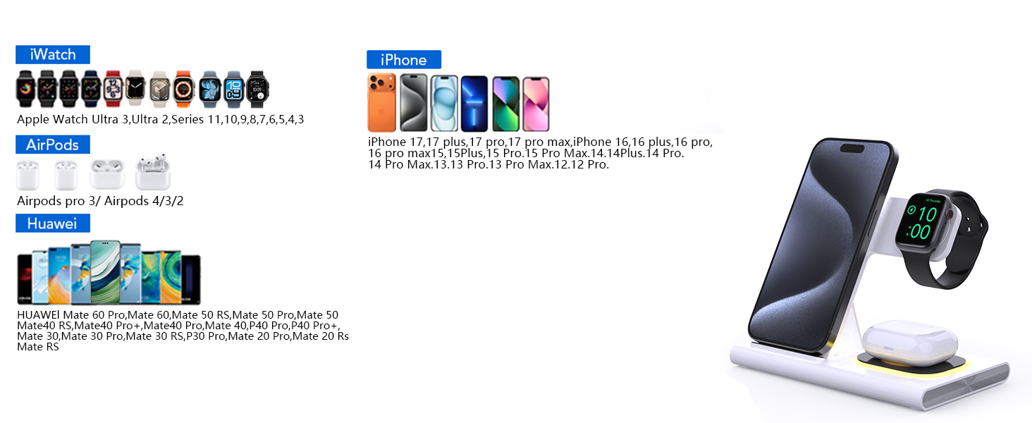 Бездротова зарядка Aimtel 3-в-1 з нічними ліхтариками: сумісна з iPhone 17/17 Pro/17 Pro Max/17 Air та Apple Watch, Air-Pods Pro/4/3/2. Чорний колір