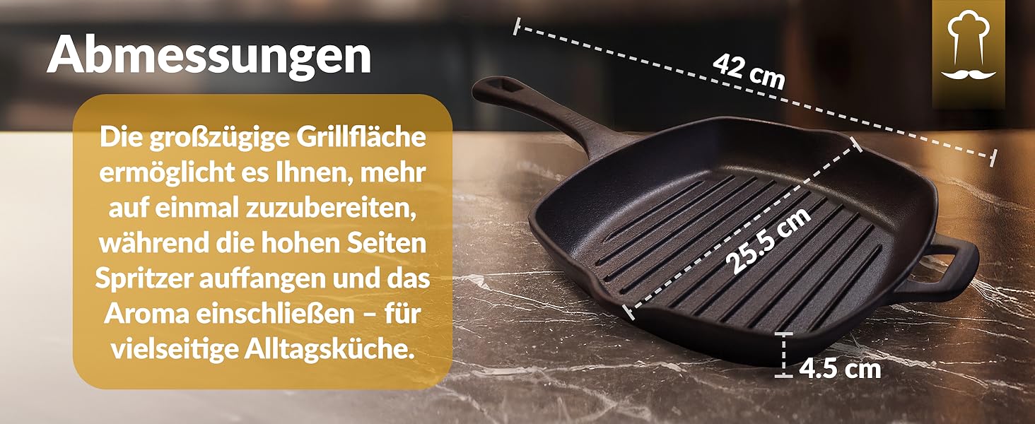 Чавунна гриль сковорода Chefarone 25.5 см з носиком – емальована сковорода для стейків, підходить для індукції, газу, склокераміки та духовки
