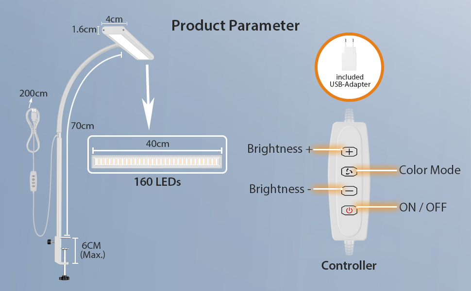 Настільна лампа 10W з регулюванням яскравості, 160 LED, USB-адаптер, 3 колірні температури, 10 рівнів яскравості, гнучкий 70см 
