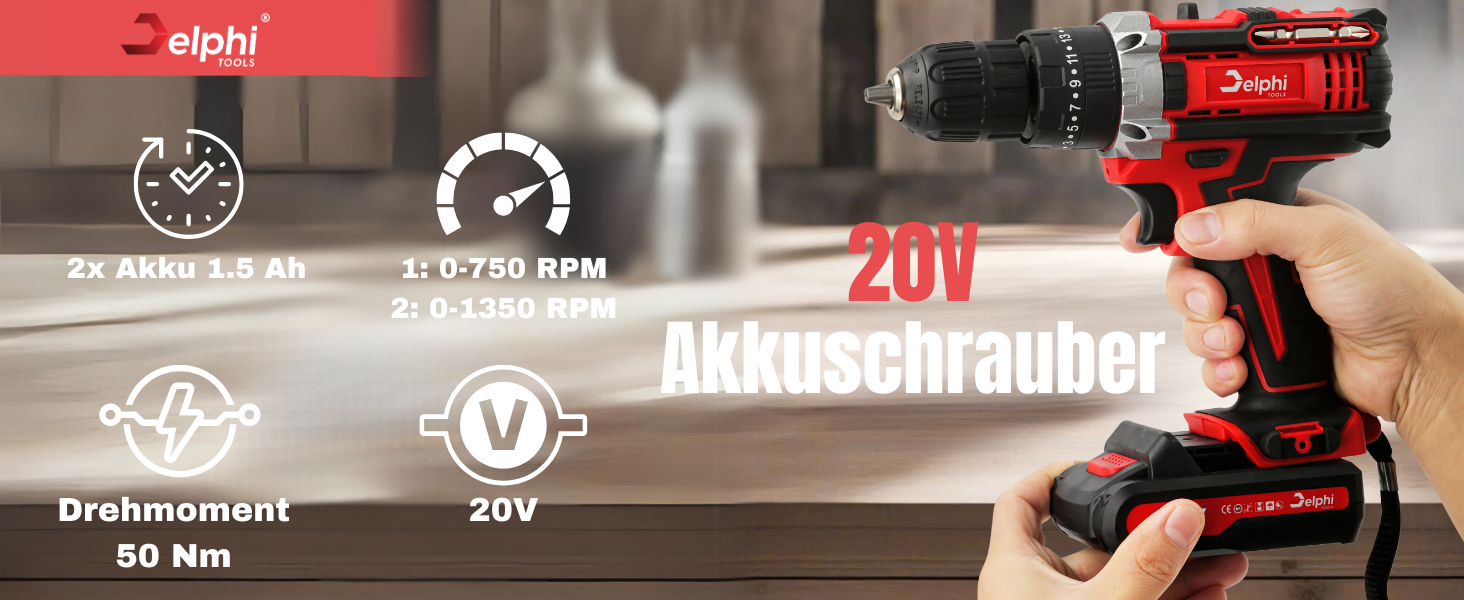 Акумуляторний шуруповерт DELPHI 20V: комплект з 2 акумуляторами, 50Nm, 2 швидкості, 25 ступенів моменту, LED-ліхтар, 34 аксесуари в кейсі для DIY-проєктів