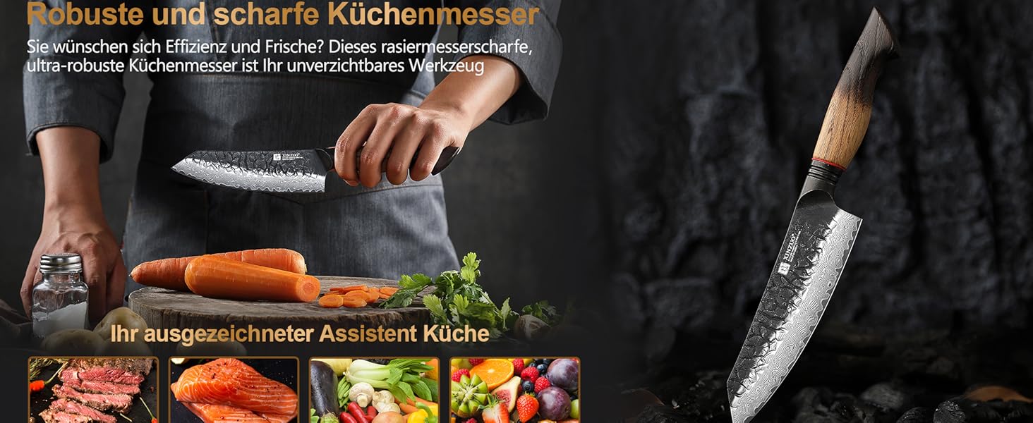 Кухонний ніж XINZUO Damaststahl 18,5 см - професійний ніж шеф-кухаря з ручкою з білої бука, з подарунковою коробкою (ніж Сантоку 14,5 см)