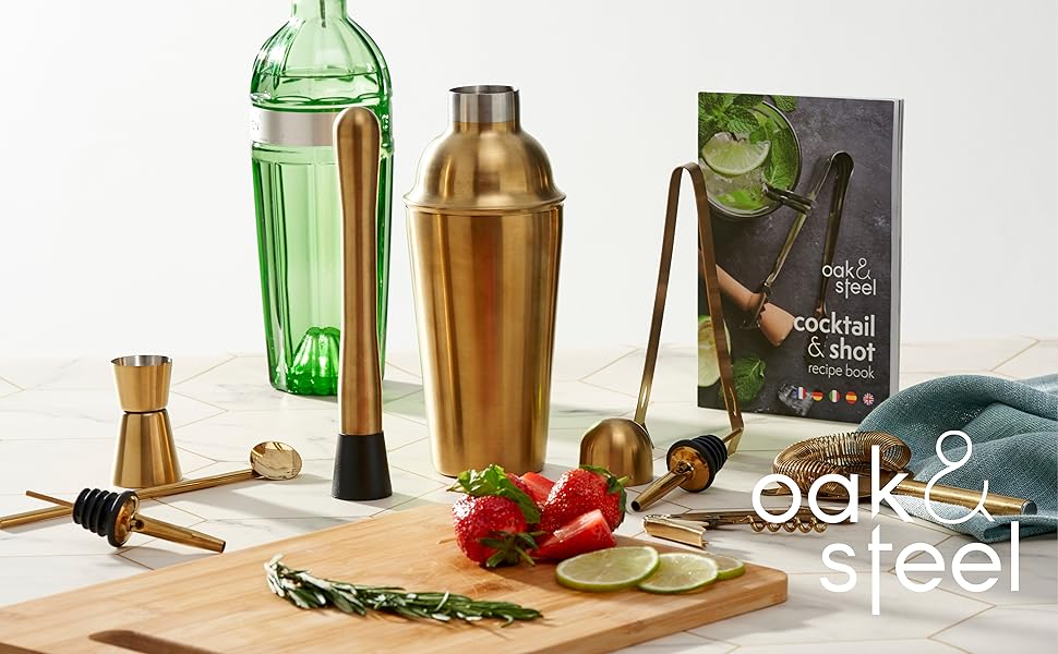 Набір для приготування коктейлів Oak & Steel – 10 предметів, професійний, з нержавіючої сталі, золотий, з рецептами – барменський набір для коктейлів та шотів
