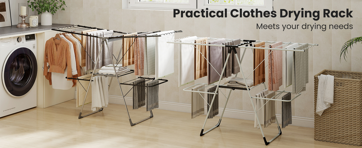 Стійка для сушіння білизни HOMASIS, розкладна, з 2 крилами, регульована, 6 рівнів, з вішалкою та прищіпками, для балкону (біла)