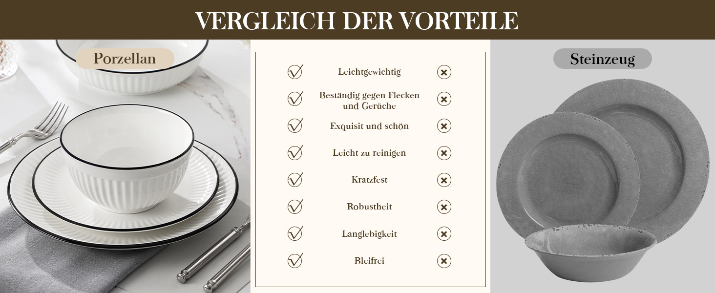 Набір посуду MALACASA LEILA для 6 осіб, 24 предмета: тарілки, миски, порцеляна, ручне рельєфне оформлення, підходить для мікрохвильової печі та посудомийної машини, білий з чорним контуром