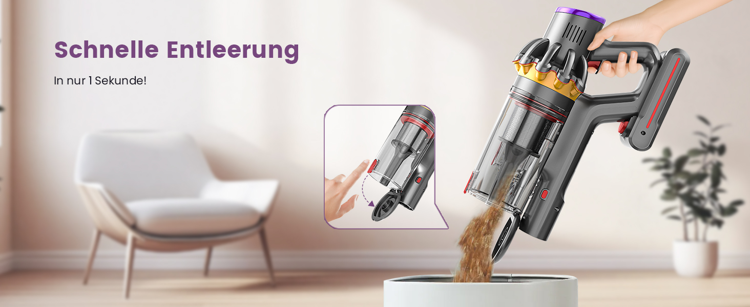 Бездротовий акумуляторний пилосос 45000 Па/580 Вт/70 хв, легкий, 6-в-1, з LED дисплеєм, станцією зарядки та насадкою проти спутання шерсті, для твердих поверхонь, килимів та шерсті тварин