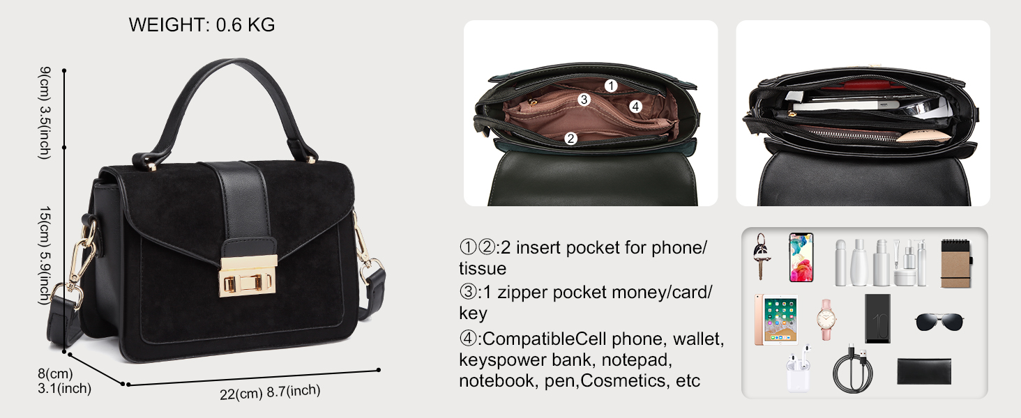 Сумка жіноча Miss Lulu середнього розміру через плече: шкіра та замша, вінтажний стиль, чорний колір