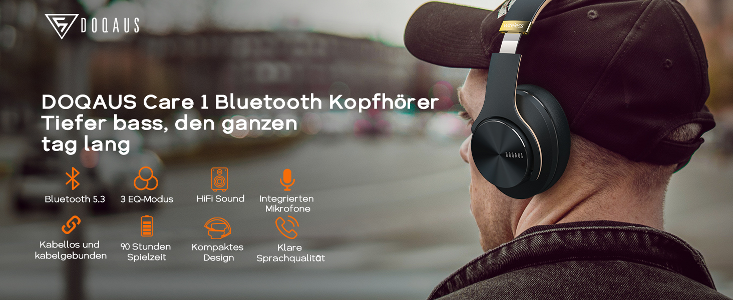 DOQAUS Bluetooth навушники Over-Ear з триманням заряду до 90 годин, 3 режими EQ, HiFi стерео, складні, з мікрофоном, м'які амбушури для подорожей/офісу/телефону/ПК/ноутбуків (Асфальтово-сірий)