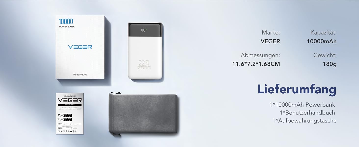 Повербанк VEGER 10000mAh 22.5W з вбудованим кабелем USB-C, швидка зарядка, білий