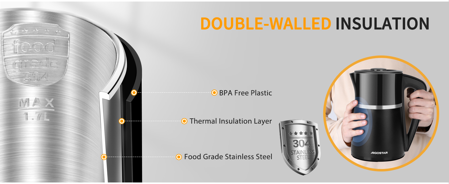 Електричний чайник Aigostar Alva з регулюванням температури 40°C-100°C, 1.7 л, подвійні стінки, Cool Touch, LED дисплей, тихий, бездротовий, з функцією підтримання тепла, 2200W, BPA Free, чорний