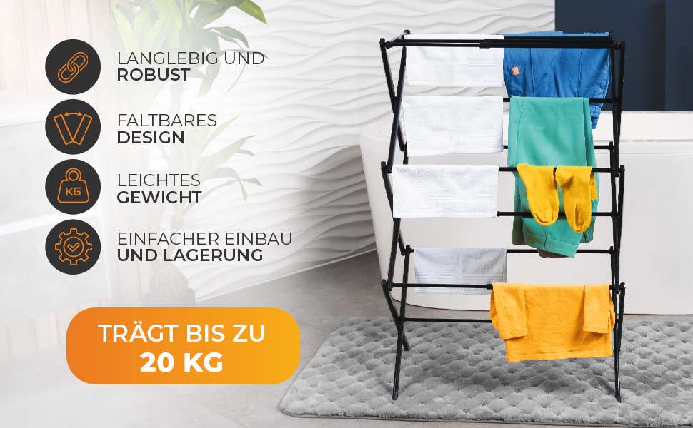 Складана сушилка для білизни - компактна, 6 ярусів, 11 стрижнів, чорна. Підходить для ванної, балкону, дверей та душу.