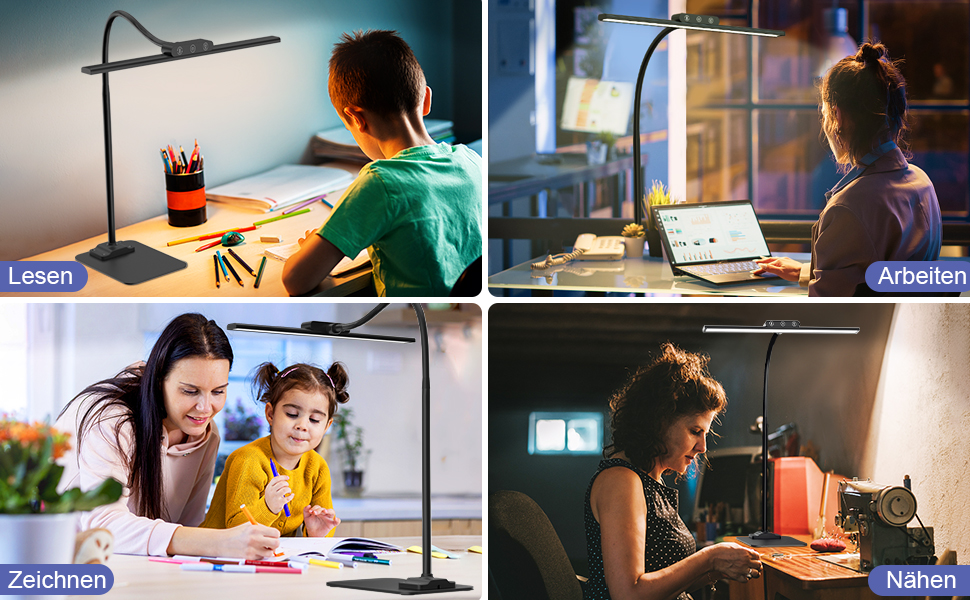 LED Desk Lamp with Adjustable Neck, 1200 Lumens, Dual Head Clamp-On for Home Office, Eye Protection, Gooseneck, Office Table Lamp, Monitor Light with 5 Color Temperature & Brightness Levels (Black-Metal Base)