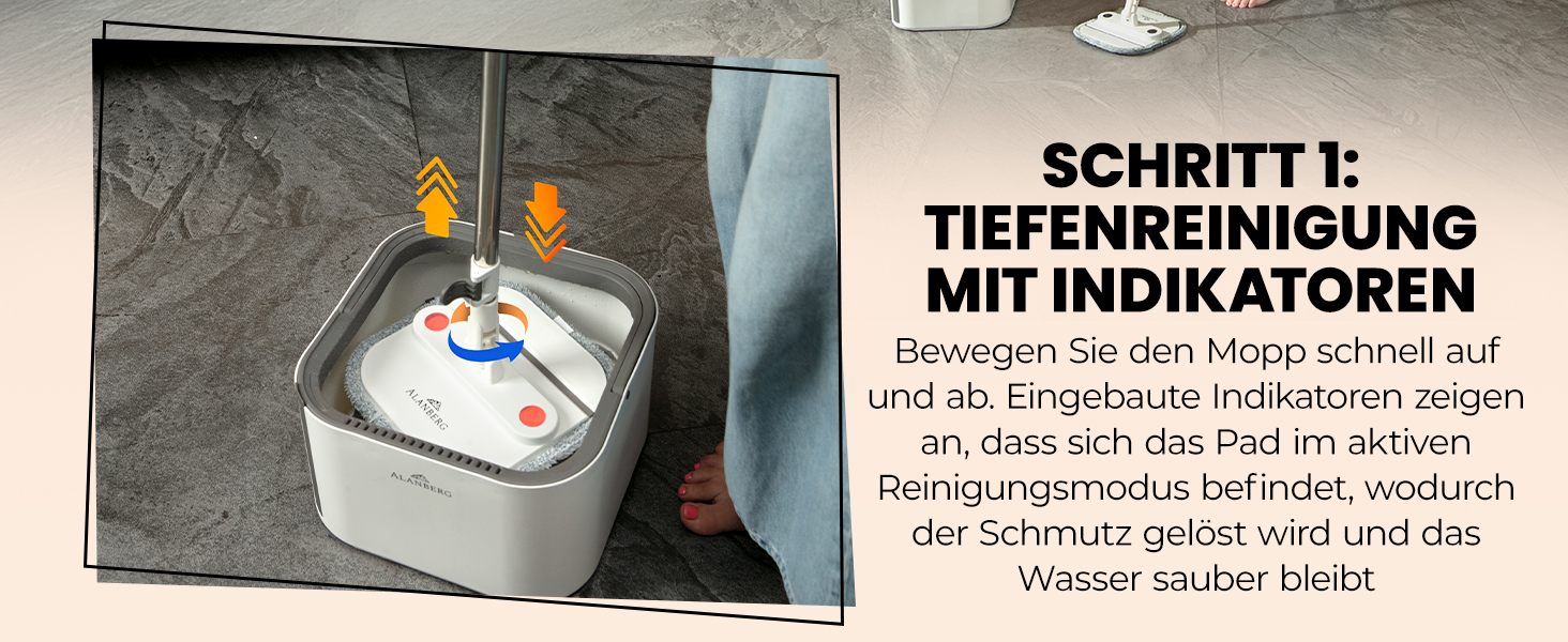 Набір для миття підлоги з відром ALANBERG® Gen2, білий: 360° самовіджимання, система з двома камерами, 2 мікрофібрових насадок