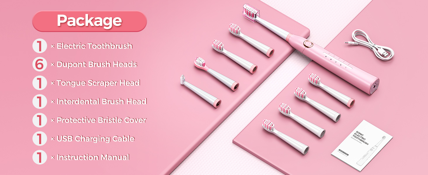 Звукова зубна щітка Schallzahnbürste для дорослих, 8 насадок, 40 000 VPM, 5 режимів, до 30 днів роботи, швидка зарядка, водонепроникна IPX7 (Рожева)