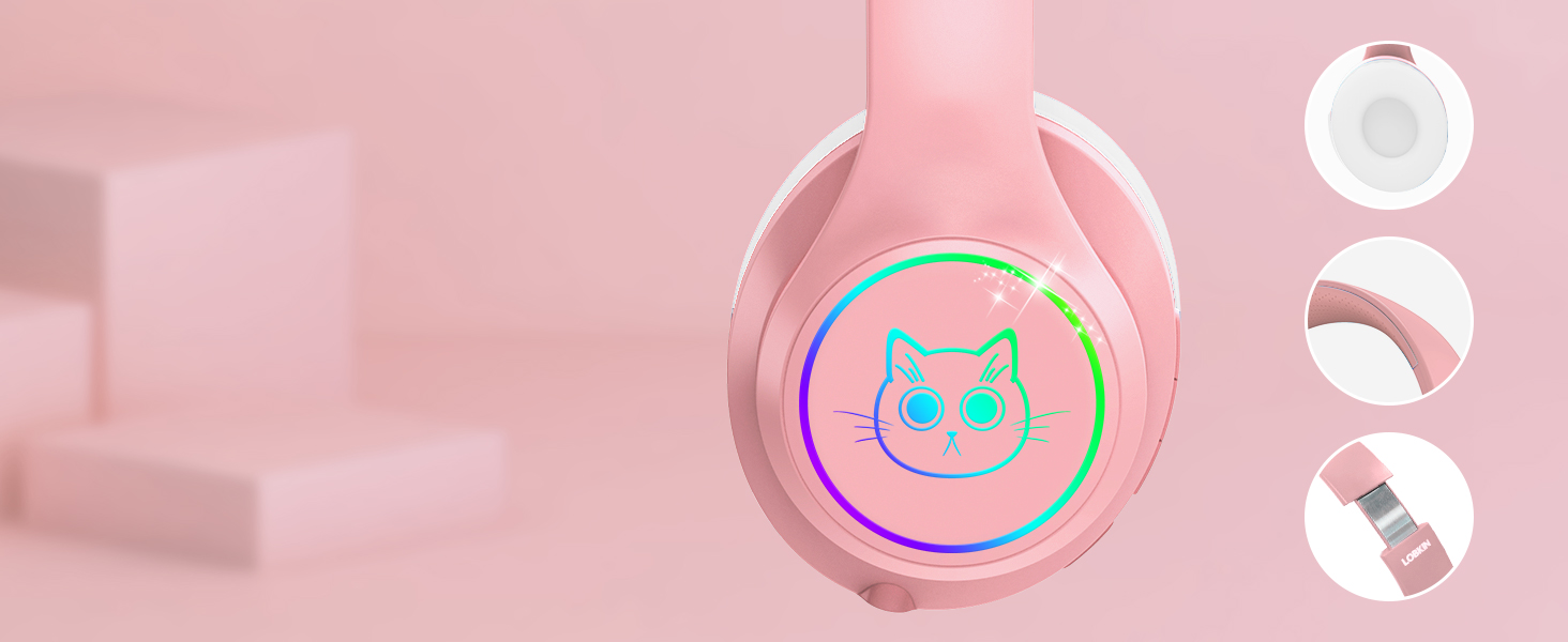 Дитячі навушники LOBKIN Bluetooth Over-Ear з чохлом, рожеві. Бездротові та провідні, складні, регульовані для школи та подорожей