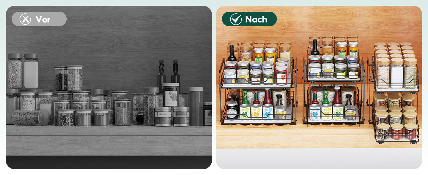 Висувна полиця для спецій на 2 яруси, регульована по висоті, органайзер для кухонної шафи, стояча полиця для спецій, висувна полиця для спецій з наклейками для кухні та робочої поверхні, L26*B23*H23cm (L26xB29xH23cm)