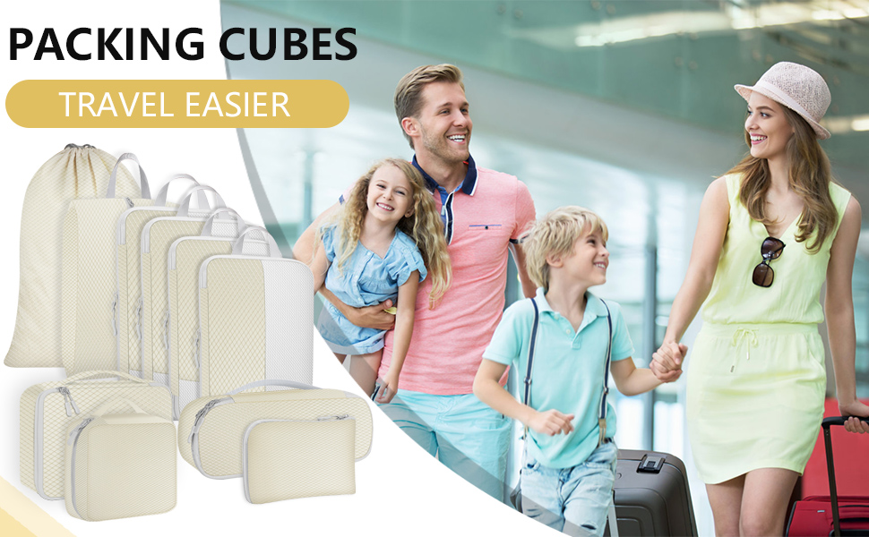 Органайзер для валізи Avmvnvc, набір з 10 штук: пакувальні куби для одягу, компресійні мішечки, органайзер для подорожей з косметичкою, для рюкзака та валізи, чорний (бежевий)