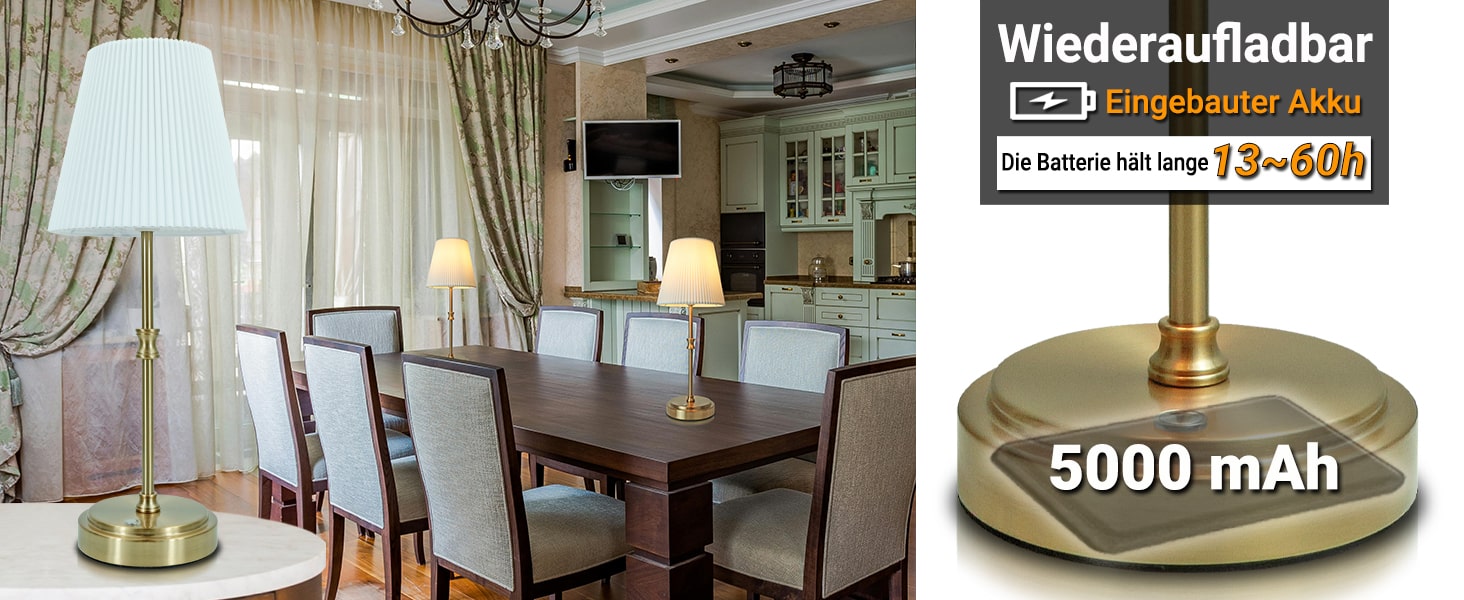 LED настільна лампа бездротова, акумуляторна, 3000mAh, торшер для спальні, вітальні, на терасу, регулювання яскравості, сенсорне управління, ретро-золотий