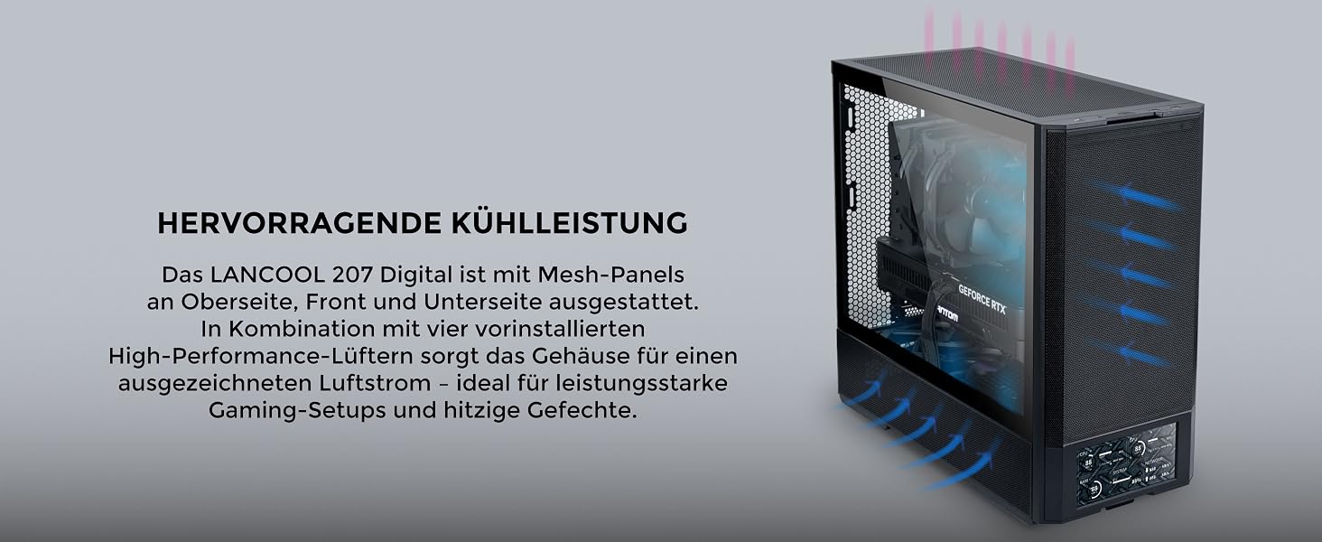 Ігровий корпус для ПК Lian Li LANCOOL 207 Digital ATX Midi Tower, чорний, з LCD-дисплеєм, підтримка відеокарт до 375 мм та радіаторів до 360 мм