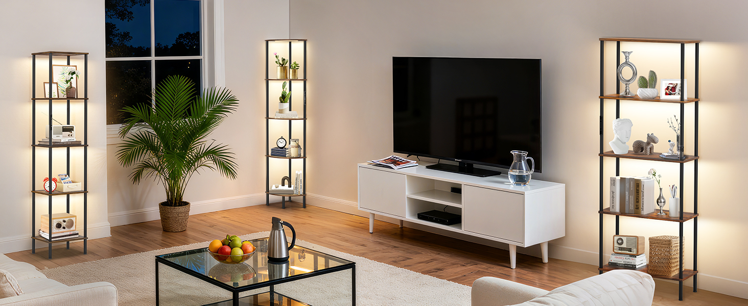 Стійка лампа OUTONLIFE з полицями, LED, 3 режими, регулювання яскравості, пульт, 5 ярусів, для вітальні, спальні, офісу, колір: Rustic Brown