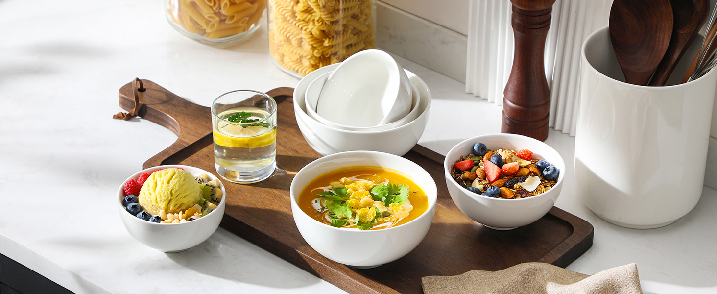 MALACASA Набір з 8 порцелянових мисок для мюслі та супу, 420 мл, кремово-білий, 12.8x12.8x6.5 см