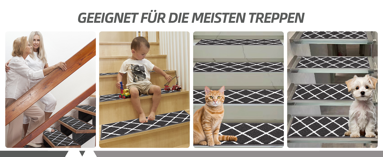 Комплект килимків для сходів COSY HOMEER (15 шт.), 70 x 22 см, антиковзаючі, самоклеючі, машинне прання, 100% поліестер, TPE-підкладка, для дітей, літніх людей та домашніх тварин, чорно-білі