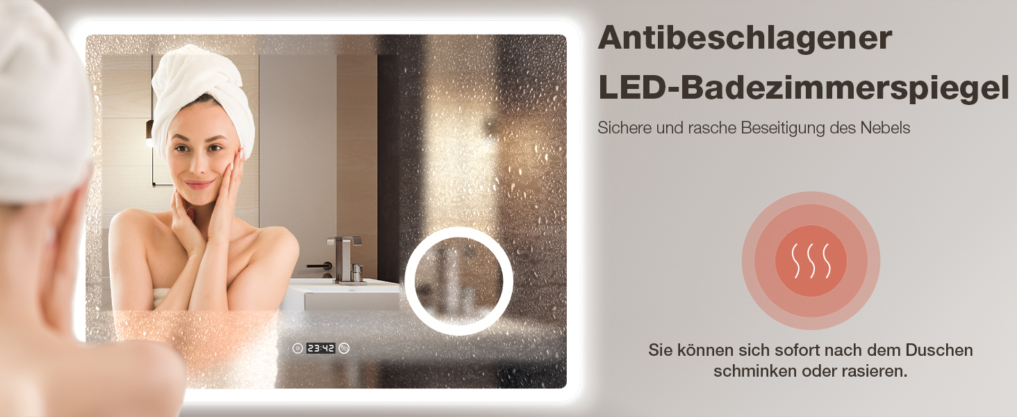 LED дзеркало для ванної кімнати 80x60 см з підсвічуванням, 3 кольори, регулювання яскравості, антизапарник, годинник, 3x збільшення