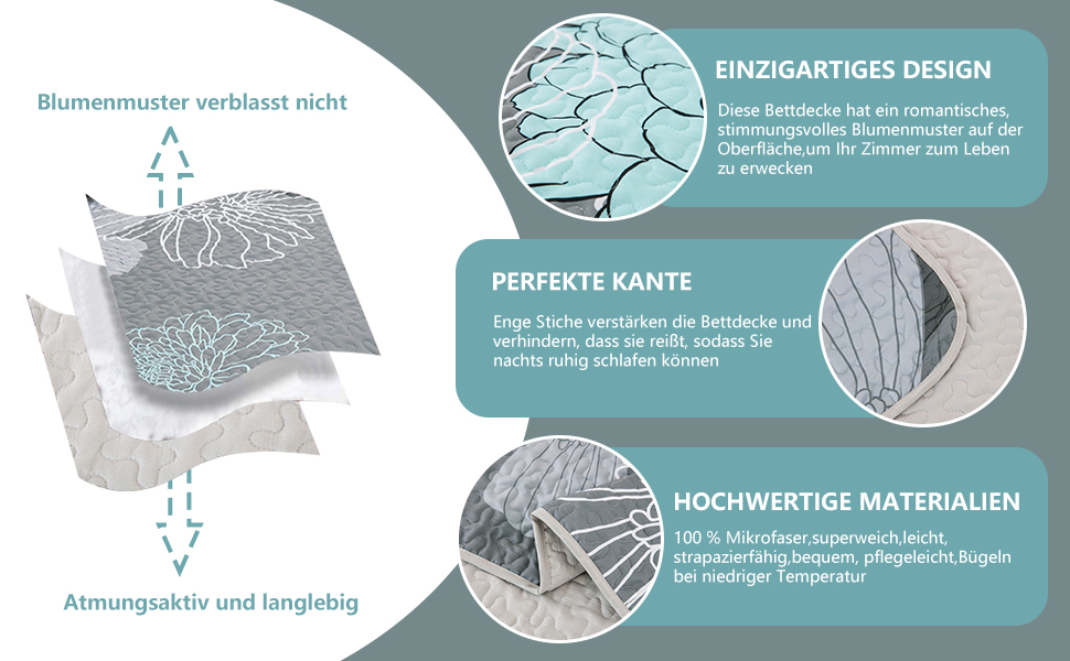 Покривало Tagesdecke WONGS BEDDING 220x240 см, зелене, квітковий дизайн, мікрофібра, комплект з 2 наволочками 48x75 см