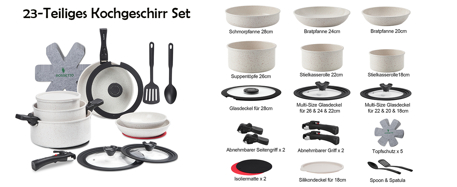 Набір посуду ROSSETTO 23 предмета з знімними ручками та керамічним антипригарним покриттям, складається для зберігання. Включає: каструлі, сковорідки, сотейники, казани. Без PFOA та PFOS.